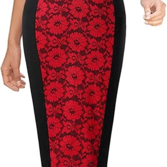 Lace Business Woman Dress Red Black Office Formal Cross Bodycon Stretch XL 14 16 - Picture 9 of 12